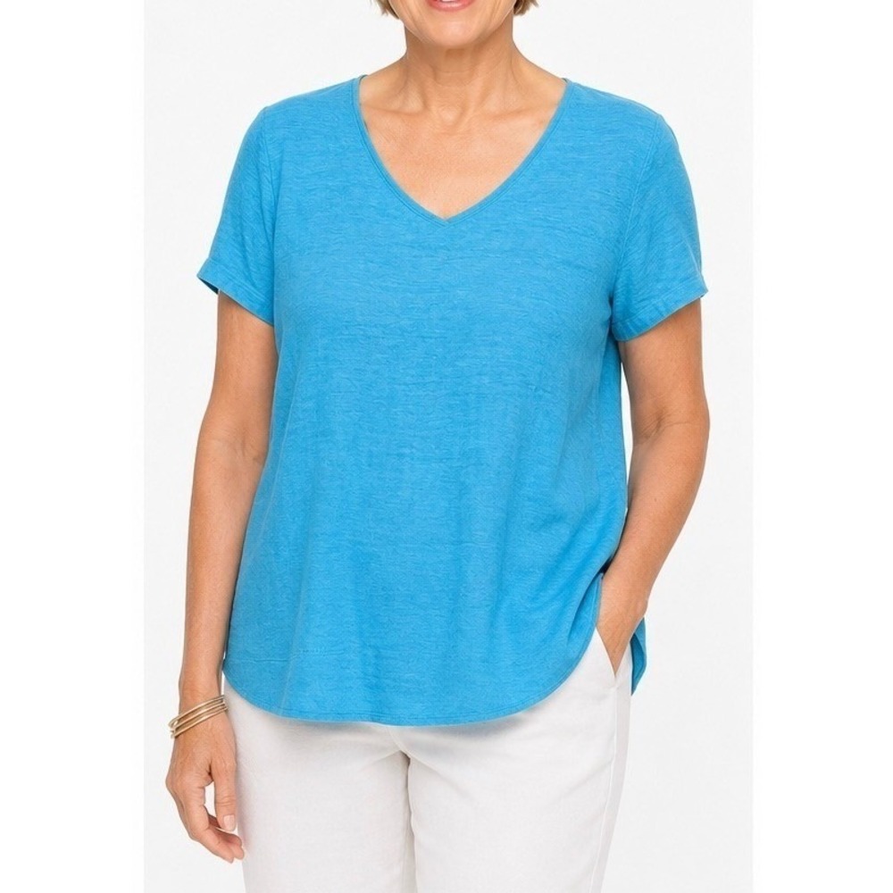 J. Jill Love Linen large Blue V-Neck Short Sleeve Shirt Women Large Relaxed Slub